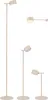 Multiple views of a beige floor lamp, a wall lamp, and a table lamp. Produktbild-Vorschau