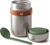 A stainless steel food flask with a brown leather strap, a green spoon, and a green lid. The lid is shown detached from the flask. Náhled obrázku produktu
