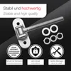 A close-up of a metal hinge with accompanying hardware and descriptive text and icons. Produktbild-Vorschau
