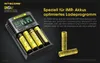 A Nitecore UMS4 battery charger with four IMR batteries inserted, and three additional batteries shown next to it. Text describes the optimized charging program for IMR batteries. Podgląd zdjęcia produktu
