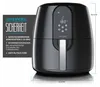 A black air fryer with a digital display and a side panel showing safety features. Produktbild-Vorschau