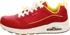 A side view of a red and yellow Skechers sneaker. Produktbild-Vorschau