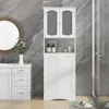 A white freestanding bathroom cabinet with glass doors and shelves is shown in a bathroom setting. Produktbild-Vorschau