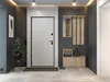 A modern entryway with a white door, a shoe cabinet, and a coat rack with a mirror. Anteprima dell’immagine prodotto
