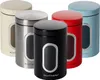 A collection of five colorful food storage canisters arranged in a semi-circle. Produktbild-Vorschau