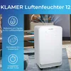 A white dehumidifier is shown in a room setting with text overlays highlighting its features. Produktbild-Vorschau