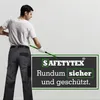 A man in work clothes is painting a wall with a roller. A dark gray rectangular overlay with green borders contains text and a logo. Produktbild-Vorschau