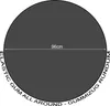 A dark gray circle with measurement text and descriptive text around the circumference, set against a light gray background. Produktbild-Vorschau