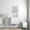 A clean, modern bathroom with a vanity, sink, mirror, and toilet. Produktbild-Vorschau
