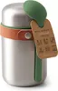 A stainless steel food flask with a green spoon and a brown leather strap, with a product tag attached. Náhled obrázku produktu