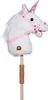 A white plush unicorn hobby horse on a wooden stick, against a white background. Produktbild-Vorschau
