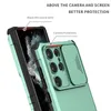 A close-up, angled view of a phone case with a sliding camera cover, highlighting its protective features. Produktbild-Vorschau