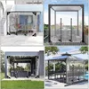 Vier Bilder von klaren Outdoor-Vorhängen, die an verschiedenen Pergolen und Pavillons angebracht sind, mit verschiedenen Außenwohnbereichen Anteprima dell’immagine prodotto
