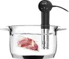 A sous vide immersion circulator is shown in a pot of water with a piece of raw meat in a vacuum-sealed bag. Náhľad obrázku produktu