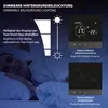A woman sleeping in bed, with graphics and product displays illustrating a dimmable background lighting feature for a thermostat. Produktbild-Vorschau