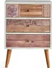 A three-drawer chest of drawers with decorative wooden fronts and tapered legs, presented against a white background. Produktbild-Vorschau