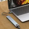 A USB C hub is connected to a laptop on a wooden desk. Produktbild-Vorschau