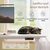 A cat sleeping on a white desk in front of a window, with marketing graphics overlaid. Produktbild-Vorschau