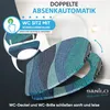 A toilet seat with a mosaic pattern is shown, with text overlays highlighting its features. Produktbild-Vorschau
