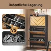 A collage showing a shoe cabinet with shoes neatly stored on one side and a pile of shoes on the other, with the text 'Ordentliche Lagerung' (Orderly Storage) at the top. Produktbild-Vorschau
