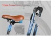Close-up of an e-bike's suspension system, with text highlighting its features. Produktbild-Vorschau