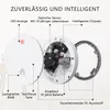 A disassembled smoke detector with its internal components visible, along with labels pointing out its features. Produktbild-Vorschau