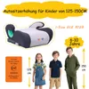 A car seat booster cushion with children standing next to it, along with text and graphics indicating product specifications. Produktbild-Vorschau
