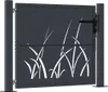 A dark gray metal garden gate with a cut-out grass design, shown in a studio setting against a light gray background. Produktbild-Vorschau