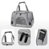 A grey pet carrier bag is shown from the front, with close-up views of its features. Podgląd zdjęcia produktu