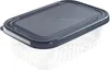 A clear studio shot of a rectangular food container with a dark gray lid. Produktbild-Vorschau