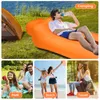 Collage of images showing an inflatable lounger in different settings: camping, park, beach, and travel. Produktbild-Vorschau