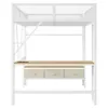 A white metal loft bed with a wooden desk and fabric drawers underneath. Produktbild-Vorschau