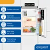 A white refrigerator with its door open, displaying its interior and various features highlighted with text overlays. Produktbild-Vorschau