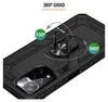 A black phone case with a rotating ring holder is shown from a diagonal angle, highlighting its protective features and rotation capabilities. Produktbild-Vorschau