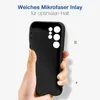 A hand holding a black phone case with white circles indicating camera cutouts. Produktbild-Vorschau