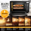 A mini oven with its door open, displaying pizzas inside and various feature illustrations below. Produktbild-Vorschau