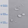A close-up of a light gray fabric surface with water droplets, highlighting its water-repellent and moisture-resistant properties. Text overlays list these features. Voir les images du produit