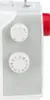 Close-up side view of a white and gray sewing machine with red accents, showing two control dials. Produktbild-Vorschau