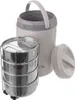 A set of stacked stainless steel food containers with a larger insulated outer container and a lid, presented against a white background. Anteprima dell’immagine prodotto