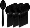 A group of black plastic spoons are neatly arranged. Produktbild-Vorschau