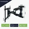 A black TV wall mount is shown mounted on a white wall, with dimensions and specifications indicated by text overlays. Produktbild-Vorschau