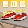 Two toy irons are displayed on an ironing board, with three marketing icons above them. Produktbild-Vorschau