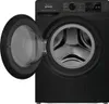 A black washing machine with the door open, showing the drum inside. Produktbild-Vorschau