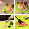 A collage of four images showing a marinade injector and basting brush being used on chicken and meat. Produktbild-Vorschau
