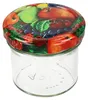 A clear glass jar with a colorful lid decorated with various fruits. Produktbild-Vorschau