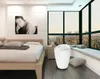 A bedroom with a bed, a large window with a city view, and a white stool. Náhľad obrázku produktu