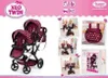 A collage of images showcasing a twin doll stroller and its accessories, with some images featuring dolls and children. Produktbild-Vorschau