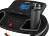 Close-up view of the control panel and console of a black treadmill, featuring a digital display, buttons, a safety clip, and a water bottle holder with a water bottle. Produktbild-Vorschau