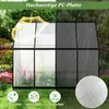 A greenhouse in a garden setting, with one side showing clear panels and the other showing dark, rain-streaked panels. Icons representing sun protection, rain protection, and snow protection are at the bottom. Voir les images du produit