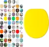 A collection of toilet seat designs arranged in a grid, with a large yellow toilet seat prominently displayed on the right side. Produktbild-Vorschau
